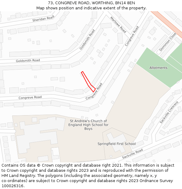 73, CONGREVE ROAD, WORTHING, BN14 8EN: Location map and indicative extent of plot