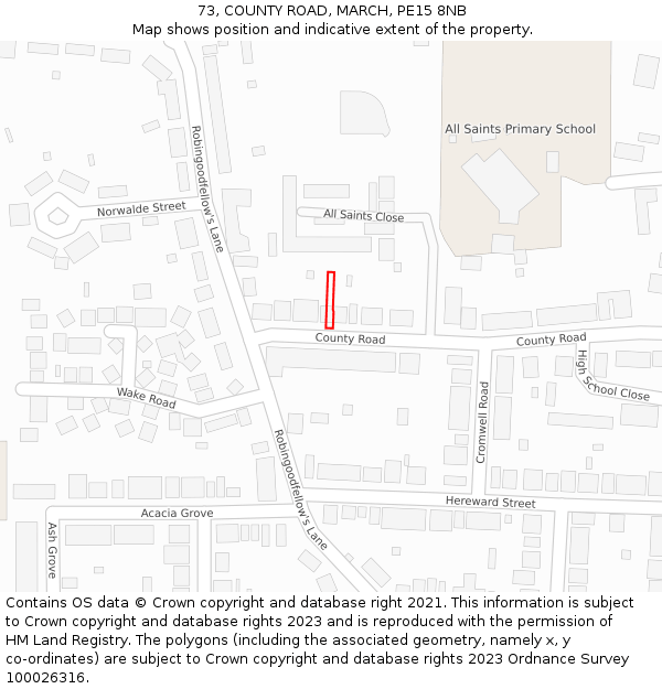 73, COUNTY ROAD, MARCH, PE15 8NB: Location map and indicative extent of plot
