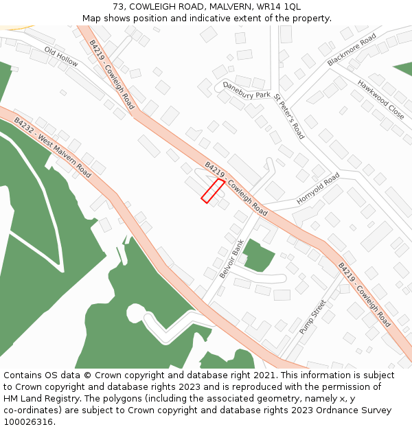 73, COWLEIGH ROAD, MALVERN, WR14 1QL: Location map and indicative extent of plot