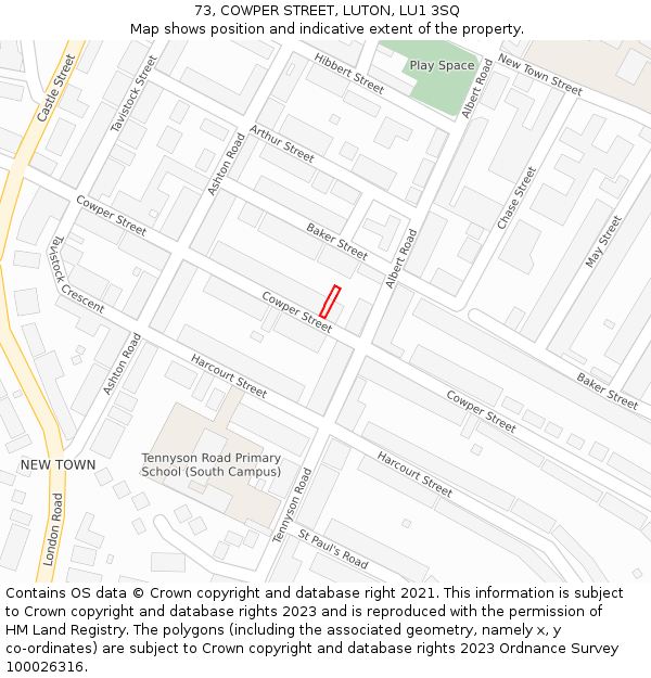 73, COWPER STREET, LUTON, LU1 3SQ: Location map and indicative extent of plot