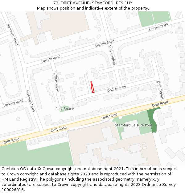 73, DRIFT AVENUE, STAMFORD, PE9 1UY: Location map and indicative extent of plot