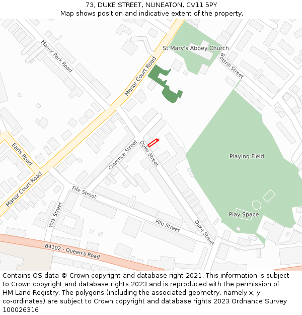 73, DUKE STREET, NUNEATON, CV11 5PY: Location map and indicative extent of plot