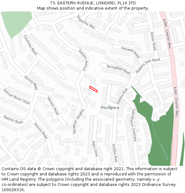 73, EASTERN AVENUE, LISKEARD, PL14 3TD: Location map and indicative extent of plot