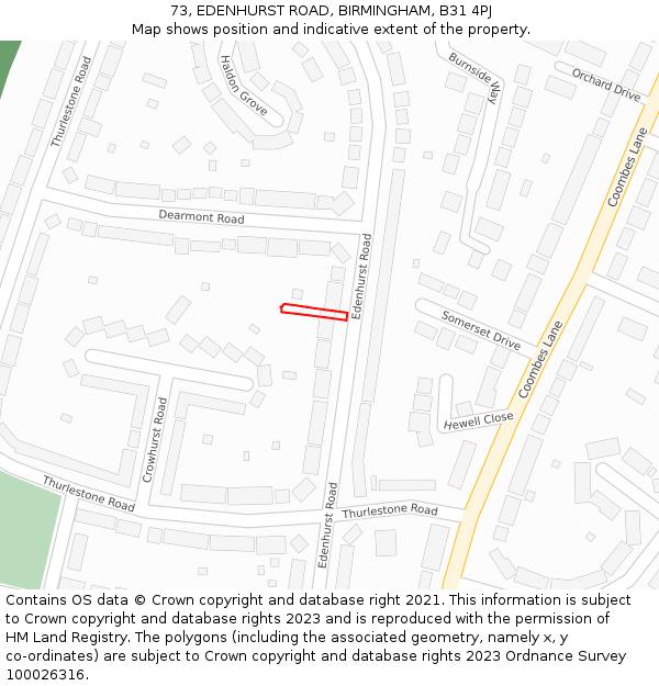 73, EDENHURST ROAD, BIRMINGHAM, B31 4PJ: Location map and indicative extent of plot