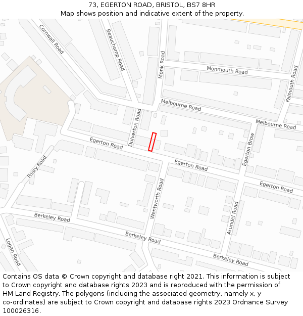 73, EGERTON ROAD, BRISTOL, BS7 8HR: Location map and indicative extent of plot