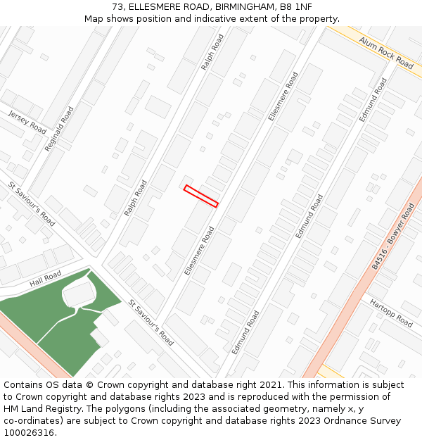 73, ELLESMERE ROAD, BIRMINGHAM, B8 1NF: Location map and indicative extent of plot
