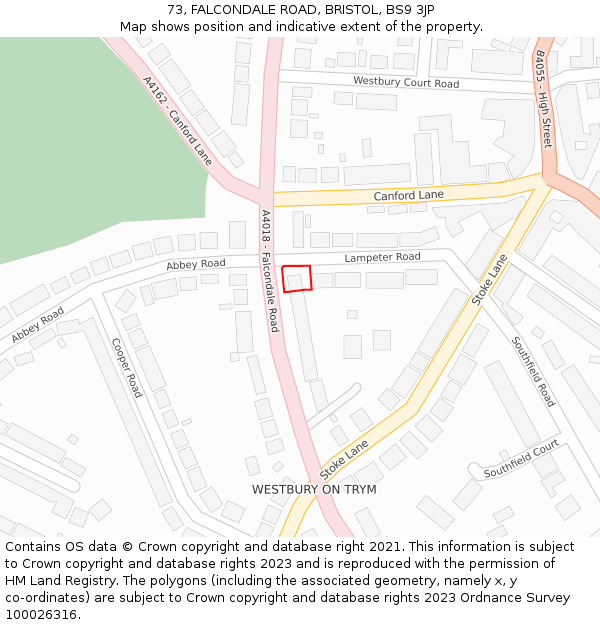73, FALCONDALE ROAD, BRISTOL, BS9 3JP: Location map and indicative extent of plot