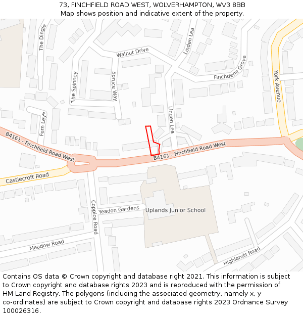 73, FINCHFIELD ROAD WEST, WOLVERHAMPTON, WV3 8BB: Location map and indicative extent of plot