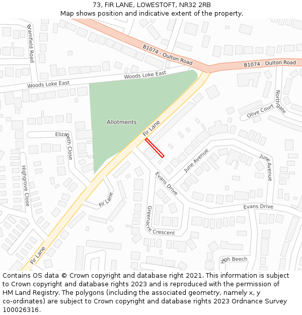 73, FIR LANE, LOWESTOFT, NR32 2RB: Location map and indicative extent of plot