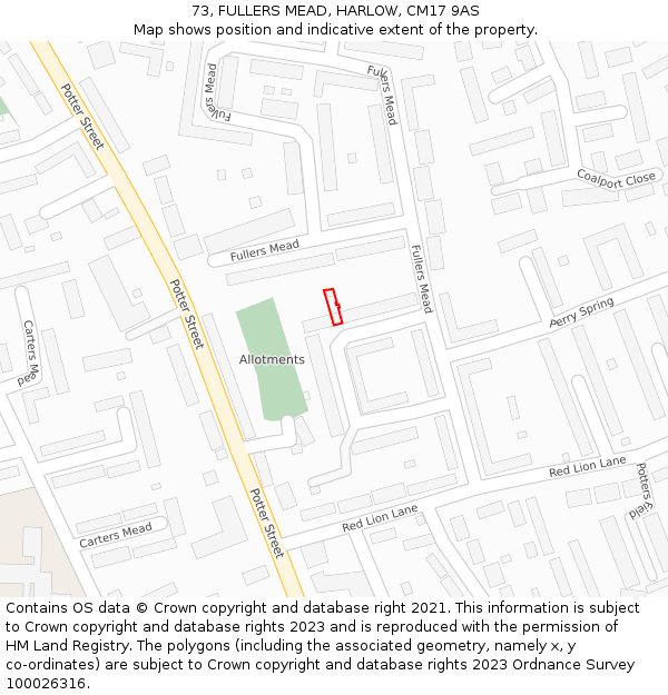 73, FULLERS MEAD, HARLOW, CM17 9AS: Location map and indicative extent of plot