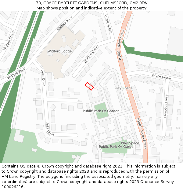 73, GRACE BARTLETT GARDENS, CHELMSFORD, CM2 9FW: Location map and indicative extent of plot