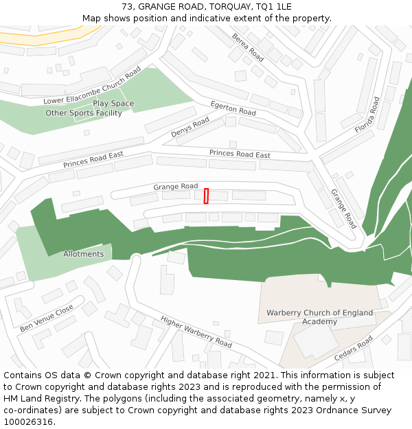 73, GRANGE ROAD, TORQUAY, TQ1 1LE: Location map and indicative extent of plot
