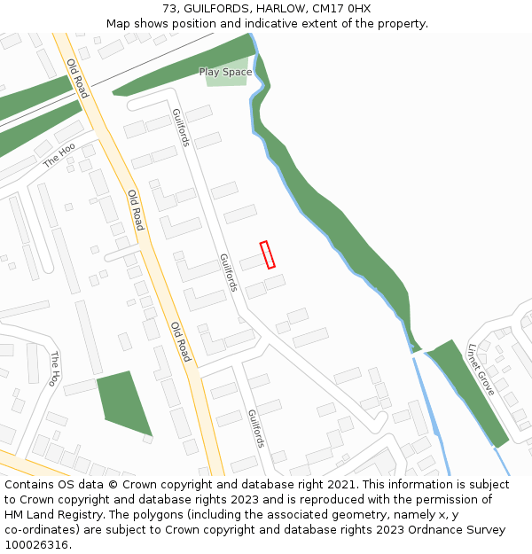 73, GUILFORDS, HARLOW, CM17 0HX: Location map and indicative extent of plot