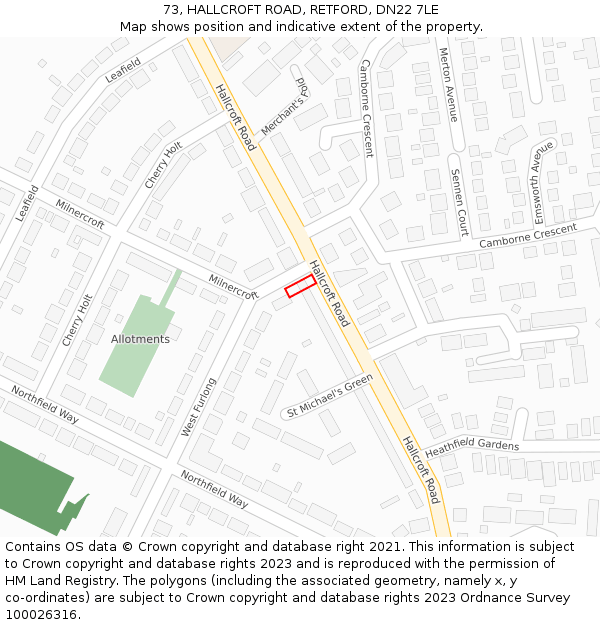 73, HALLCROFT ROAD, RETFORD, DN22 7LE: Location map and indicative extent of plot