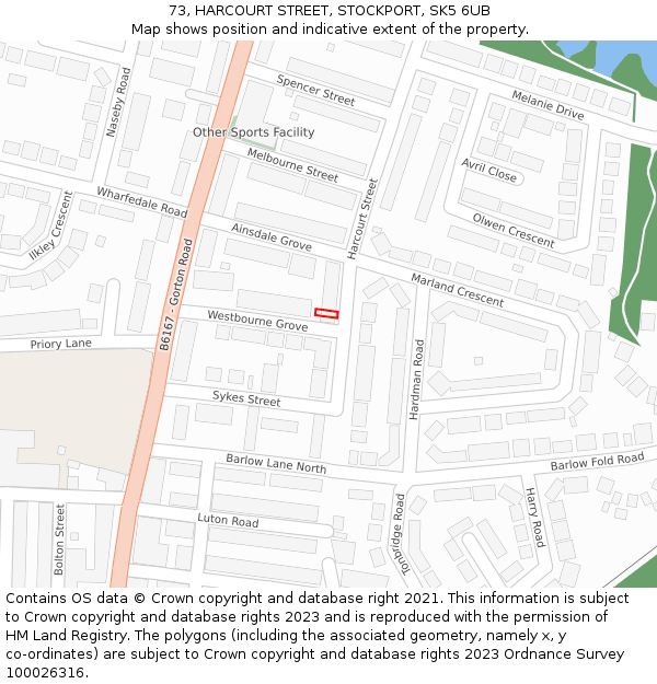 73, HARCOURT STREET, STOCKPORT, SK5 6UB: Location map and indicative extent of plot