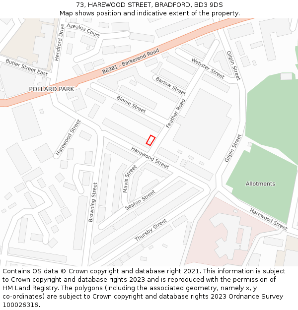 73, HAREWOOD STREET, BRADFORD, BD3 9DS: Location map and indicative extent of plot
