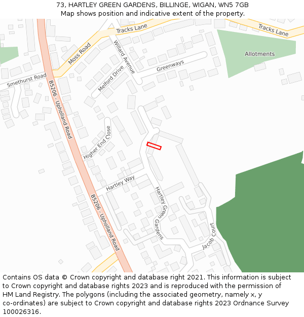 73, HARTLEY GREEN GARDENS, BILLINGE, WIGAN, WN5 7GB: Location map and indicative extent of plot