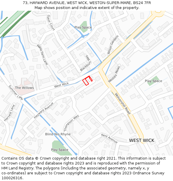 73, HAYWARD AVENUE, WEST WICK, WESTON-SUPER-MARE, BS24 7FR: Location map and indicative extent of plot
