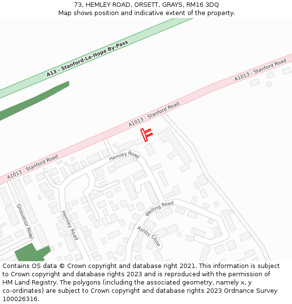 73, HEMLEY ROAD, ORSETT, GRAYS, RM16 3DQ: Location map and indicative extent of plot