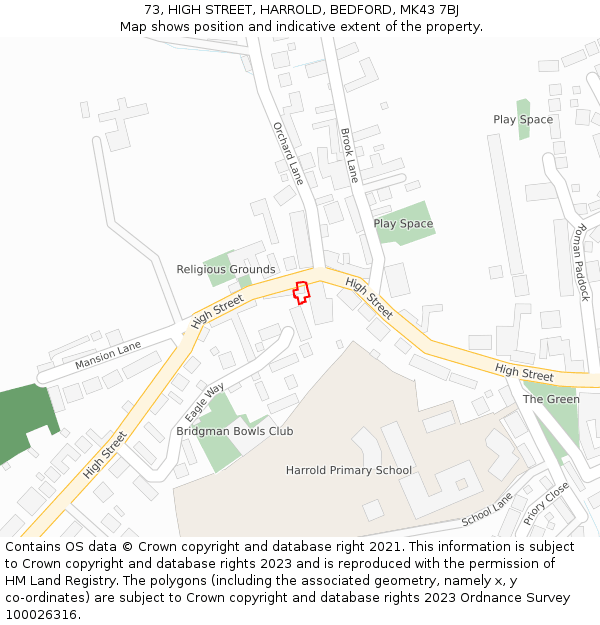 73, HIGH STREET, HARROLD, BEDFORD, MK43 7BJ: Location map and indicative extent of plot