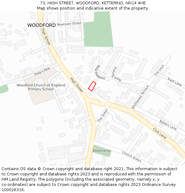 73, HIGH STREET, WOODFORD, KETTERING, NN14 4HE: Location map and indicative extent of plot