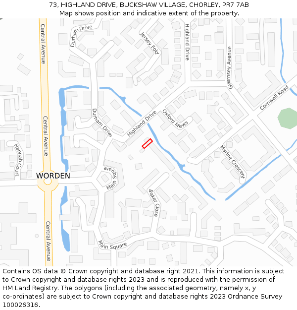 73, HIGHLAND DRIVE, BUCKSHAW VILLAGE, CHORLEY, PR7 7AB: Location map and indicative extent of plot