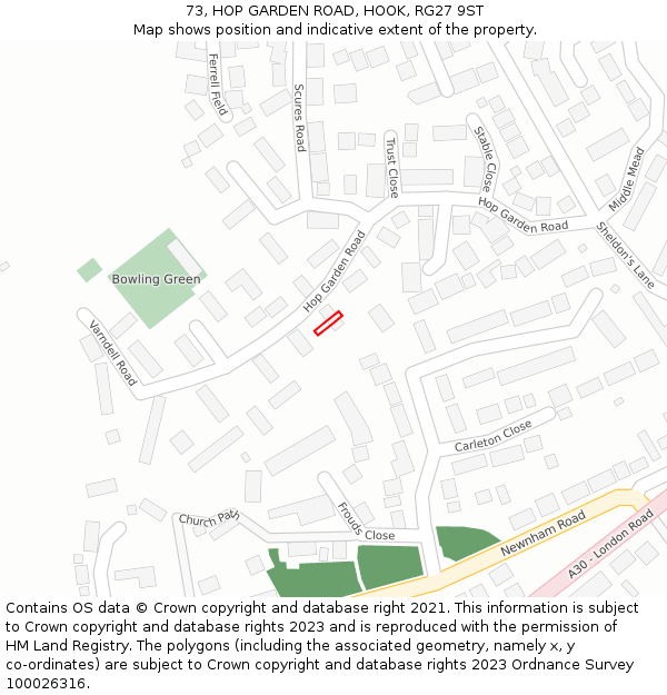 73, HOP GARDEN ROAD, HOOK, RG27 9ST: Location map and indicative extent of plot