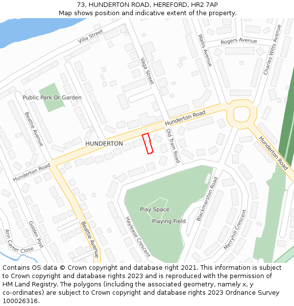 73, HUNDERTON ROAD, HEREFORD, HR2 7AP: Location map and indicative extent of plot
