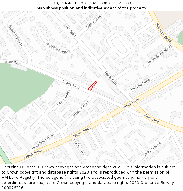 73, INTAKE ROAD, BRADFORD, BD2 3NQ: Location map and indicative extent of plot