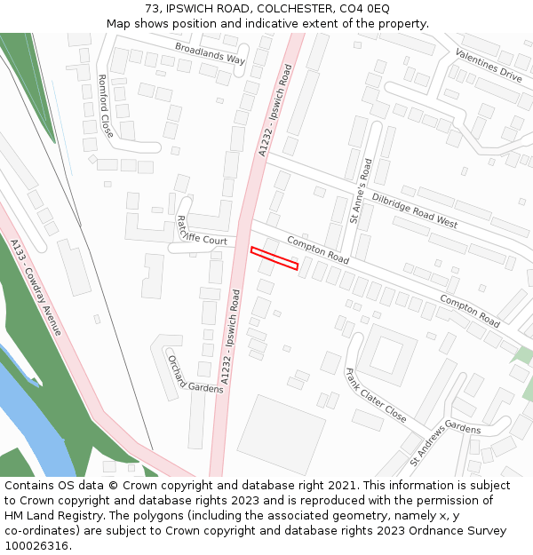 73, IPSWICH ROAD, COLCHESTER, CO4 0EQ: Location map and indicative extent of plot
