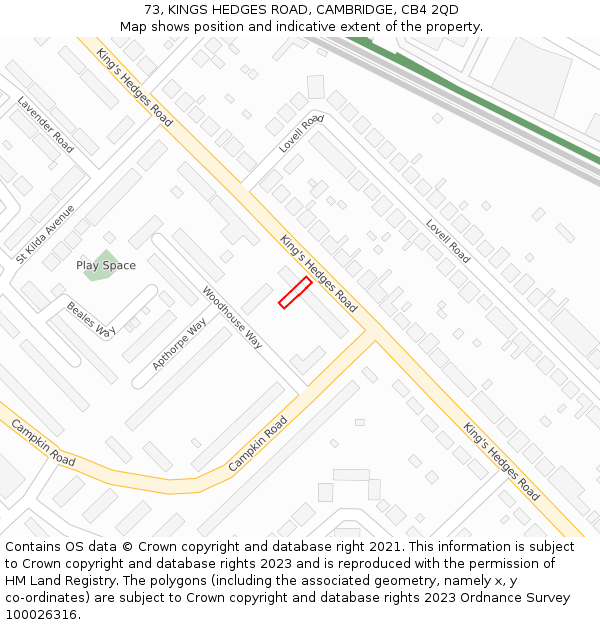73, KINGS HEDGES ROAD, CAMBRIDGE, CB4 2QD: Location map and indicative extent of plot