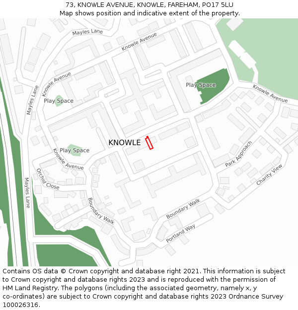 73, KNOWLE AVENUE, KNOWLE, FAREHAM, PO17 5LU: Location map and indicative extent of plot