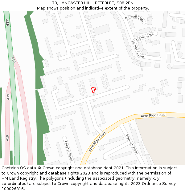 73, LANCASTER HILL, PETERLEE, SR8 2EN: Location map and indicative extent of plot
