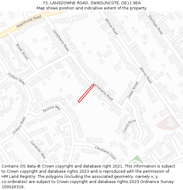 73, LANSDOWNE ROAD, SWADLINCOTE, DE11 9EA: Location map and indicative extent of plot