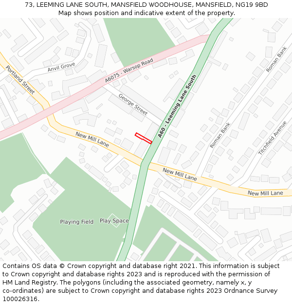 73, LEEMING LANE SOUTH, MANSFIELD WOODHOUSE, MANSFIELD, NG19 9BD: Location map and indicative extent of plot