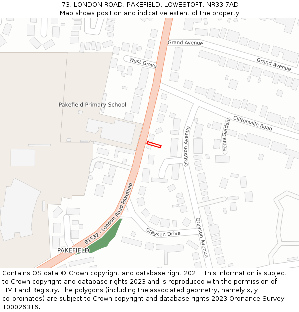 73, LONDON ROAD, PAKEFIELD, LOWESTOFT, NR33 7AD: Location map and indicative extent of plot