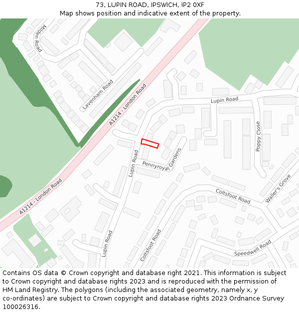 73, LUPIN ROAD, IPSWICH, IP2 0XF: Location map and indicative extent of plot
