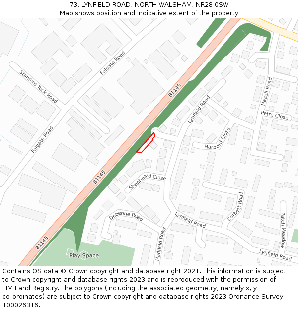 73, LYNFIELD ROAD, NORTH WALSHAM, NR28 0SW: Location map and indicative extent of plot