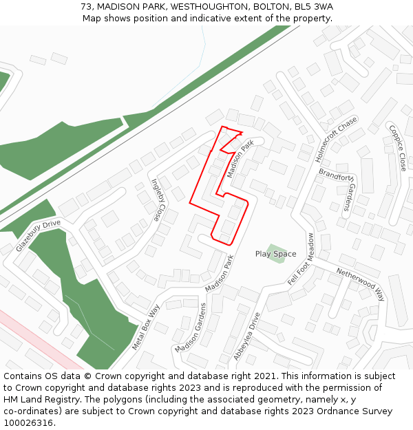 73, MADISON PARK, WESTHOUGHTON, BOLTON, BL5 3WA: Location map and indicative extent of plot