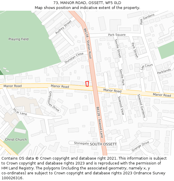 73, MANOR ROAD, OSSETT, WF5 0LD: Location map and indicative extent of plot