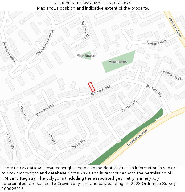 73, MARINERS WAY, MALDON, CM9 6YX: Location map and indicative extent of plot