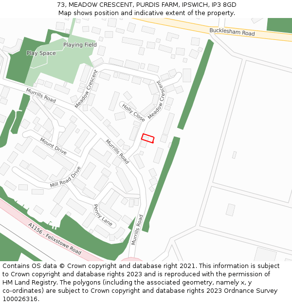 73, MEADOW CRESCENT, PURDIS FARM, IPSWICH, IP3 8GD: Location map and indicative extent of plot