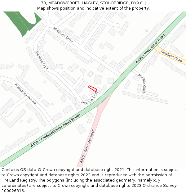 73, MEADOWCROFT, HAGLEY, STOURBRIDGE, DY9 0LJ: Location map and indicative extent of plot