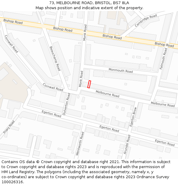 73, MELBOURNE ROAD, BRISTOL, BS7 8LA: Location map and indicative extent of plot