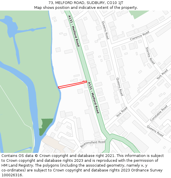 73, MELFORD ROAD, SUDBURY, CO10 1JT: Location map and indicative extent of plot
