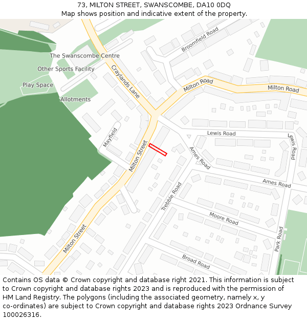 73, MILTON STREET, SWANSCOMBE, DA10 0DQ: Location map and indicative extent of plot