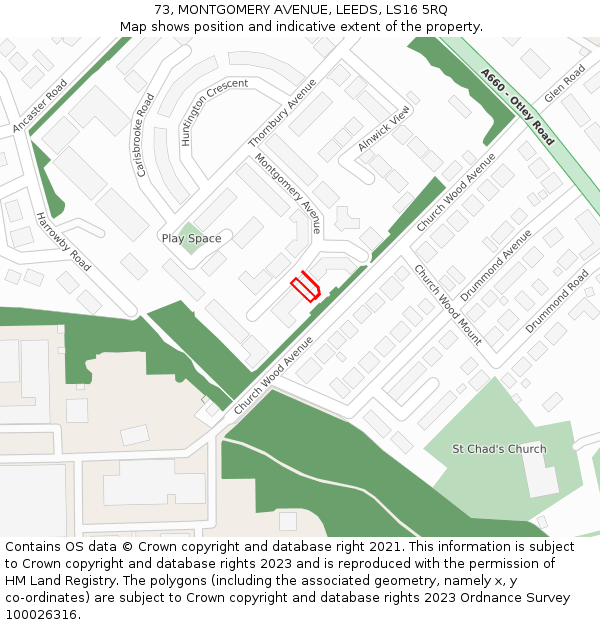 73, MONTGOMERY AVENUE, LEEDS, LS16 5RQ: Location map and indicative extent of plot