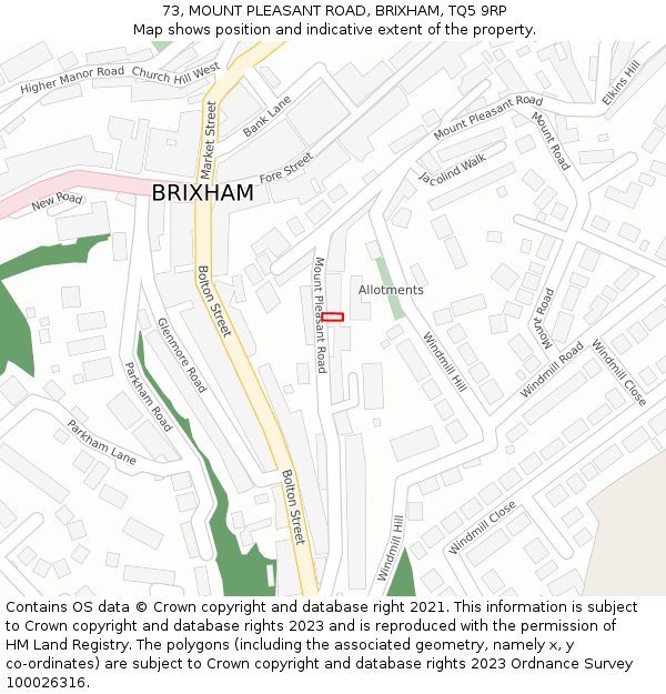 73, MOUNT PLEASANT ROAD, BRIXHAM, TQ5 9RP: Location map and indicative extent of plot