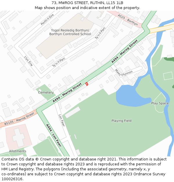 73, MWROG STREET, RUTHIN, LL15 1LB: Location map and indicative extent of plot