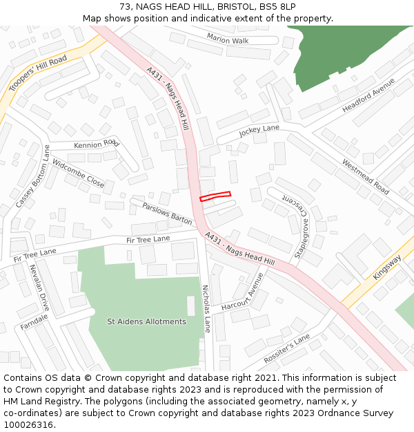 73, NAGS HEAD HILL, BRISTOL, BS5 8LP: Location map and indicative extent of plot